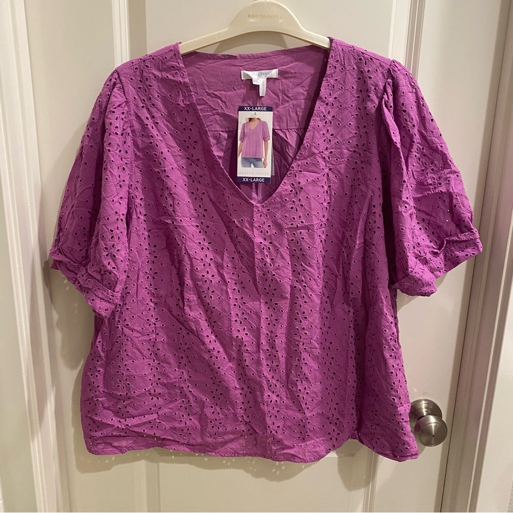 Draper James Purple Eyelet Puff Sleeve Blouse - Picture 2 of 5